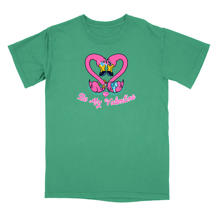 Green t-shirt with a heart design and 'Be My Valentine' text on a white background