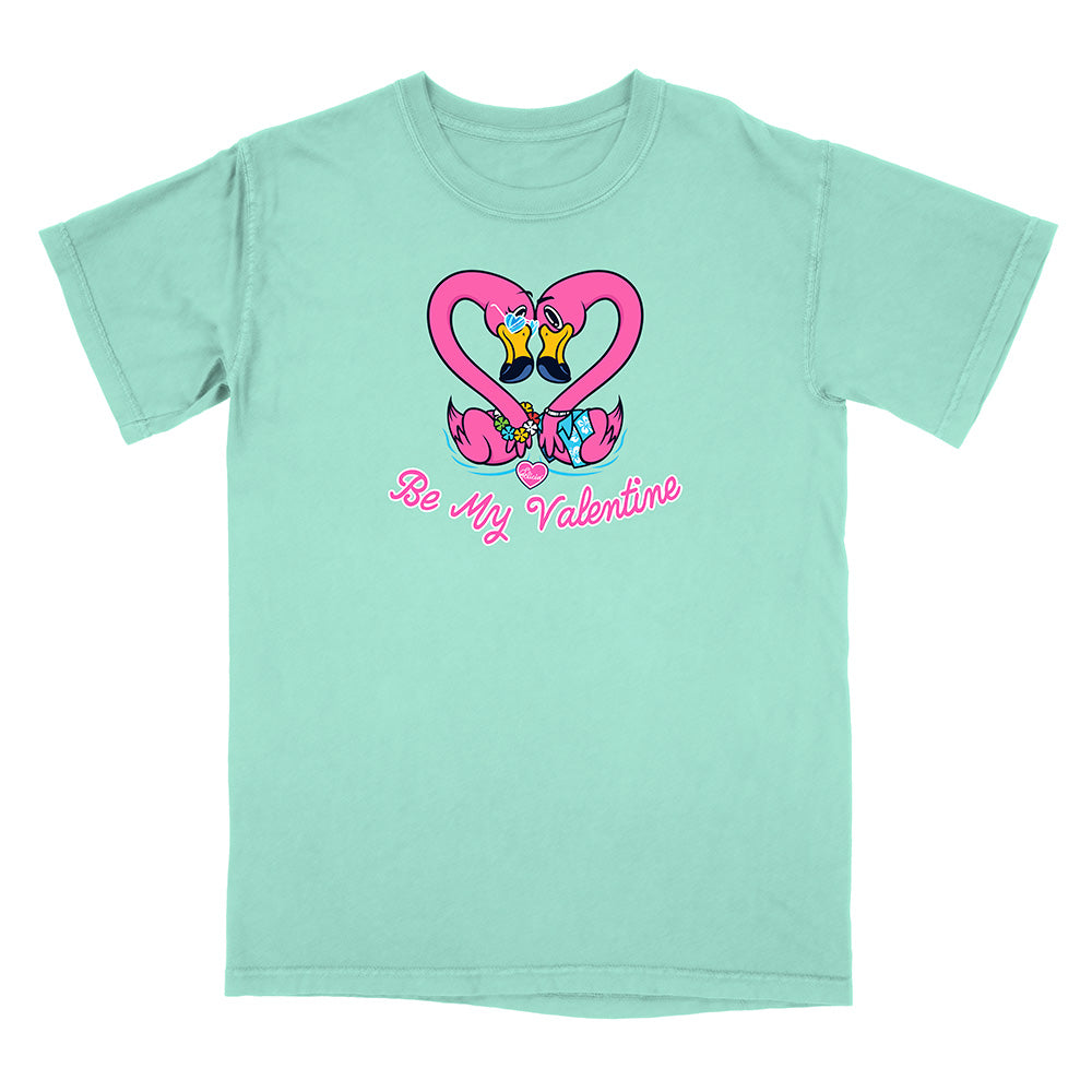 Mint green t-shirt with a heart design and 'Be My Valentine' text on a white background