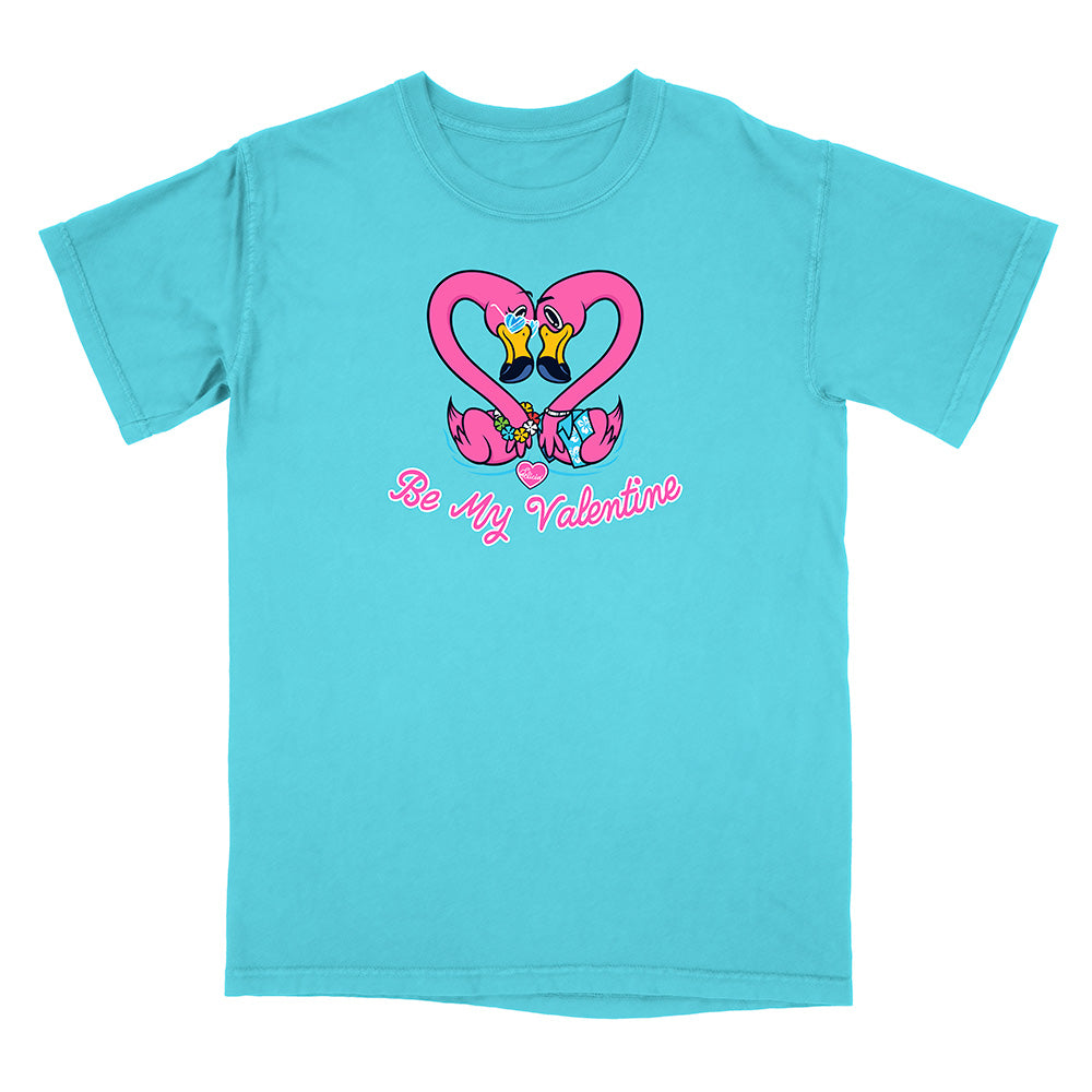 Turquoise t-shirt with a heart design and 'Be My Valentine' text on a white background