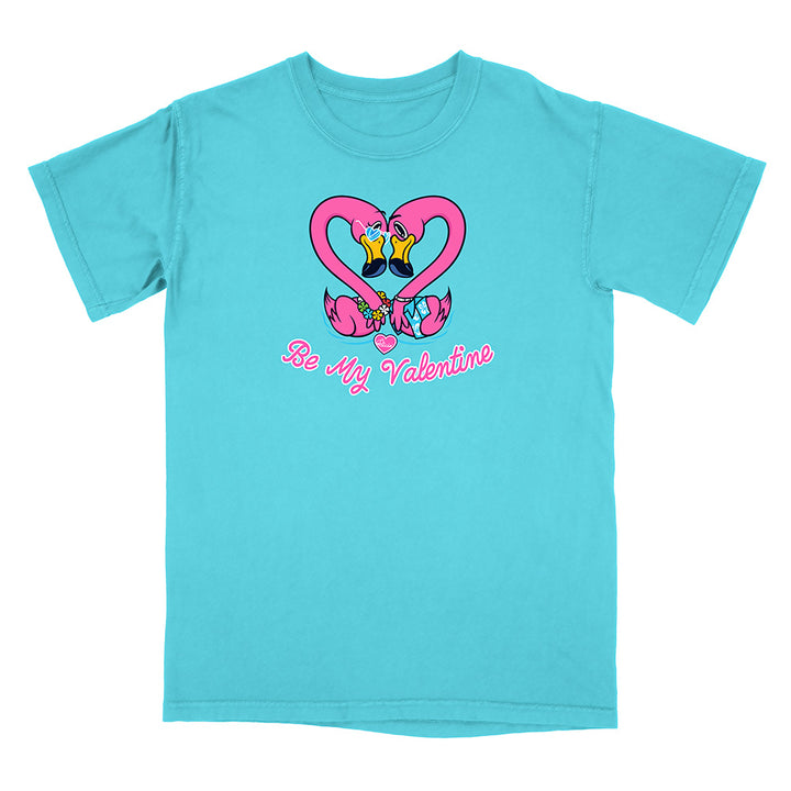 Turquoise t-shirt with a heart design and 'Be My Valentine' text on a white background