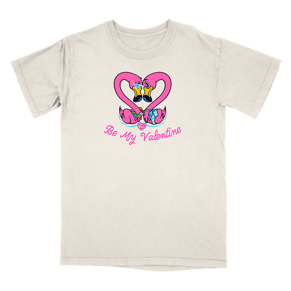 Beige t-shirt with a heart design and 'Be My Valentine' text on a white background