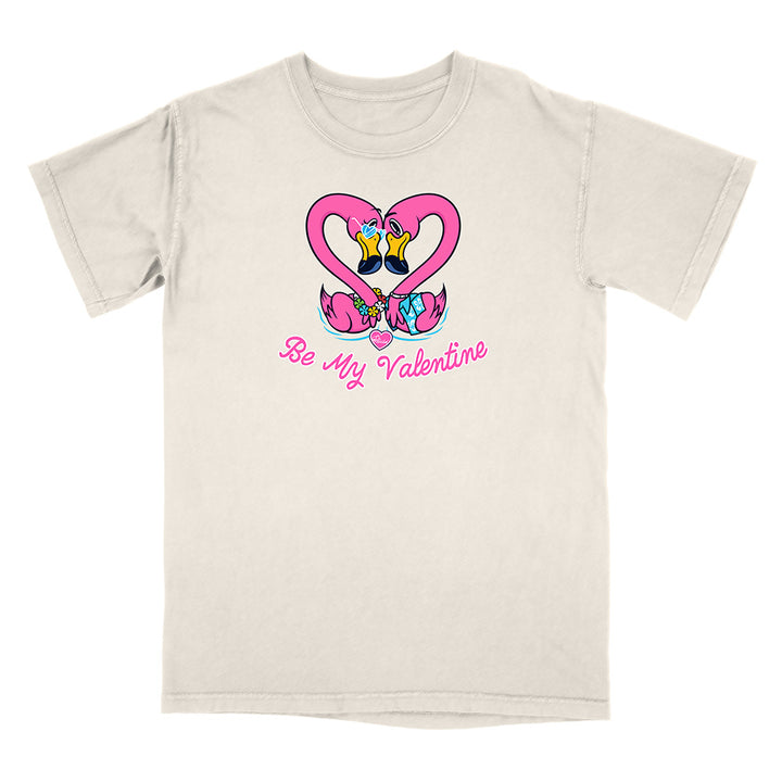 Beige t-shirt with a heart design and 'Be My Valentine' text on a white background