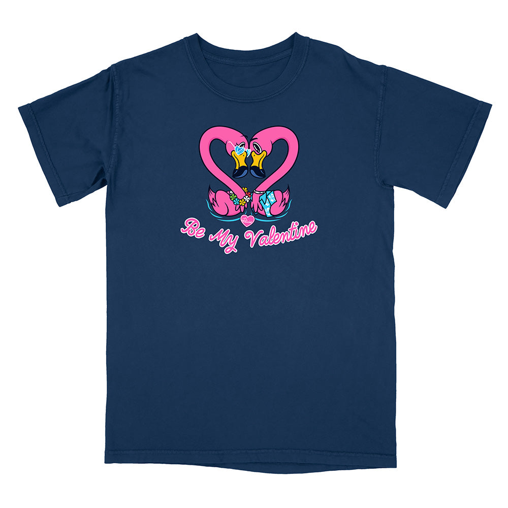 Navy blue t-shirt with a heart design and 'Be My Valentine' text on a white background