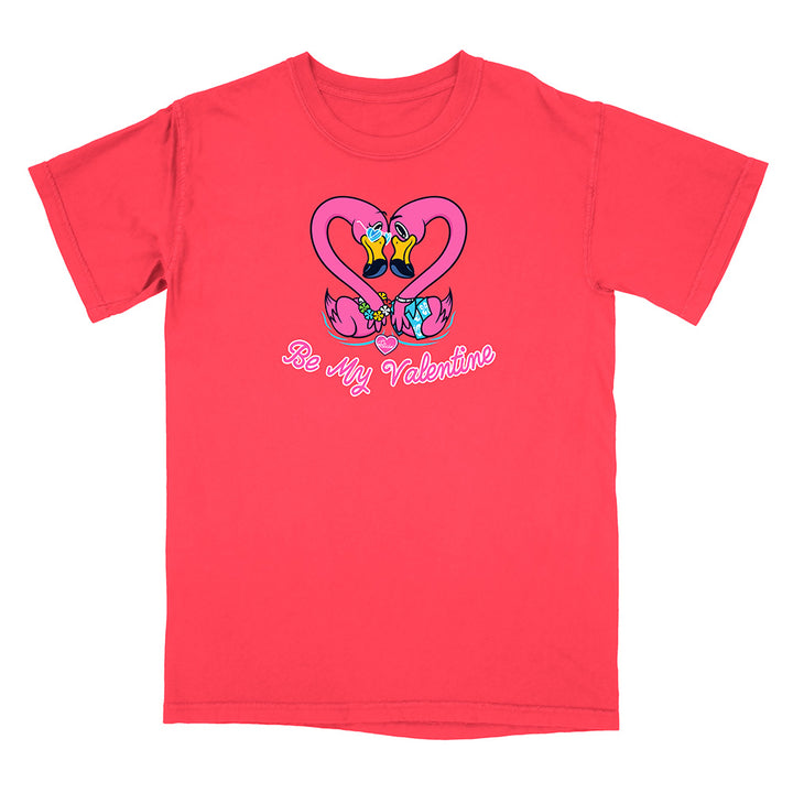 Red t-shirt with a heart design and 'Be My Valentine' text on a white background