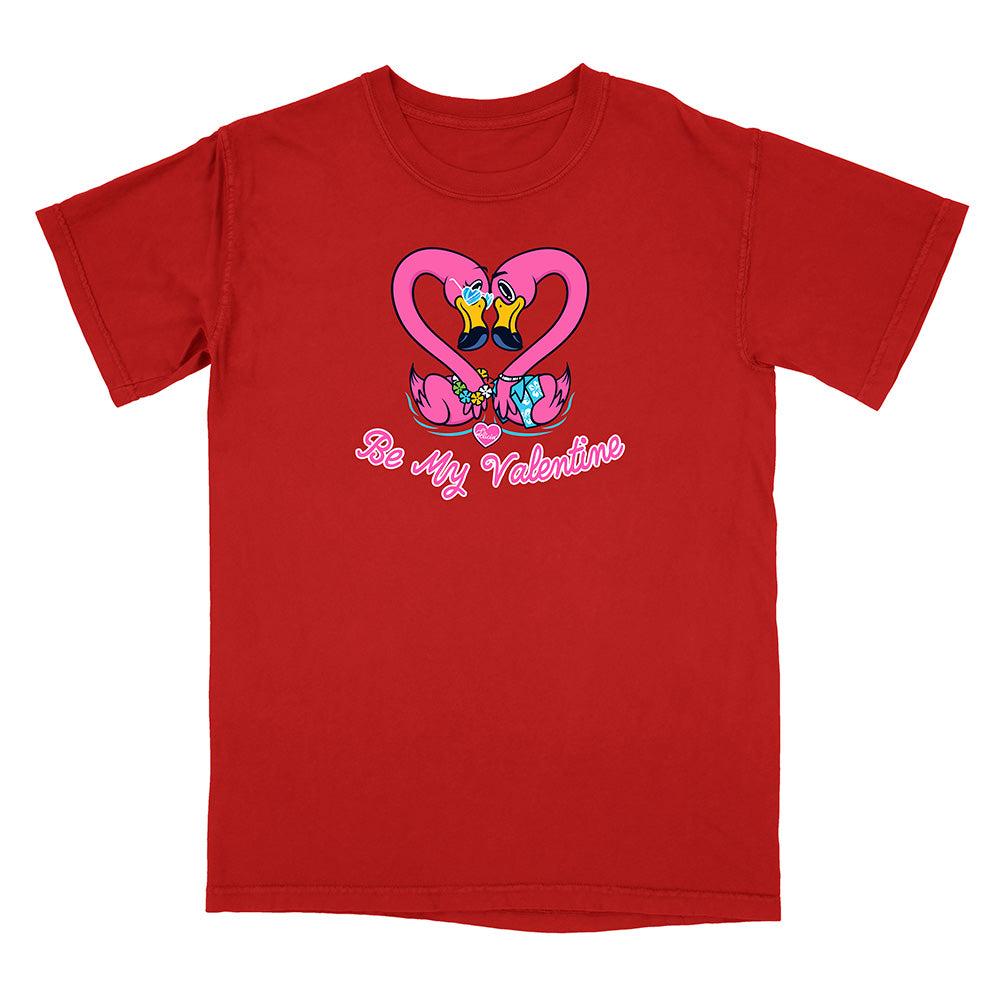 Red t-shirt with a heart design and 'Be My Valentine' text on a white background
