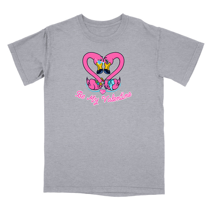 Gray t-shirt with a heart design and 'Be My Valentine' text on a white background