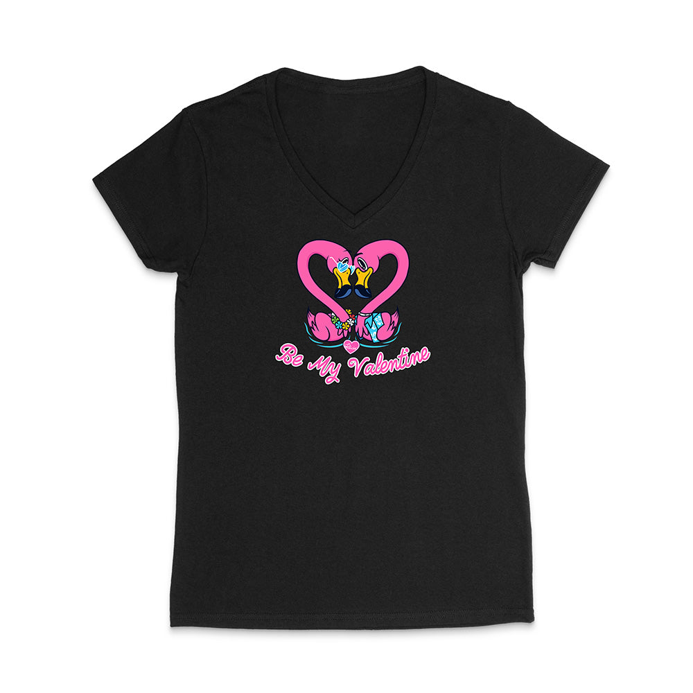 Black V-neck t-shirt with a heart design and text on a white background