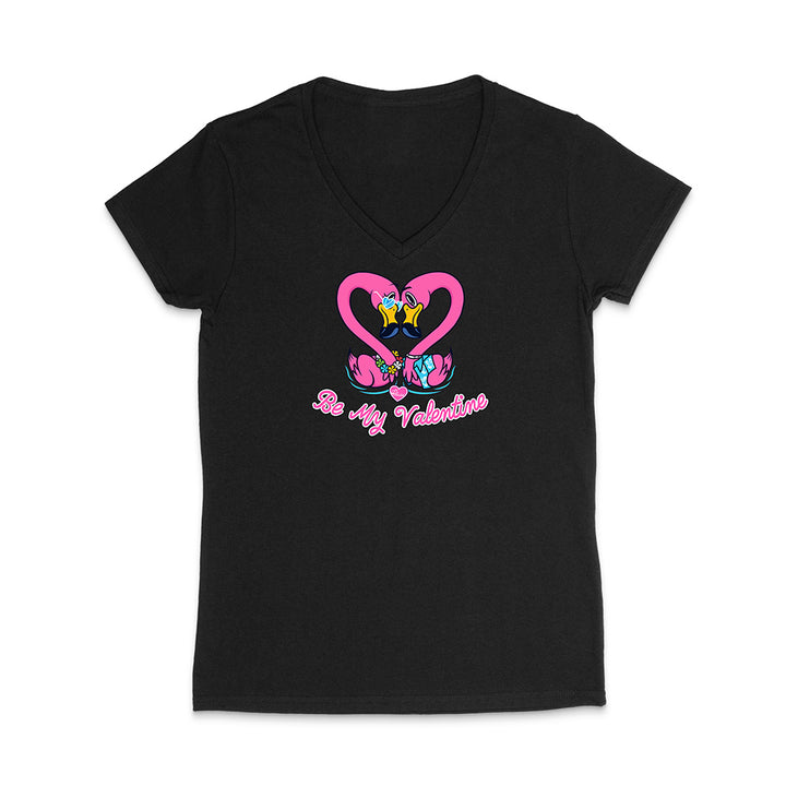 Black V-neck t-shirt with a heart design and text on a white background