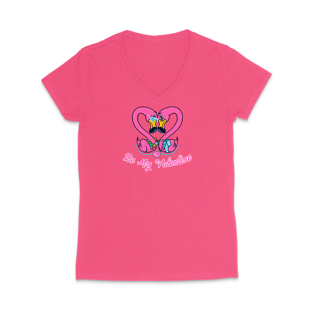 Pink t-shirt with a heart design and text on a white background
