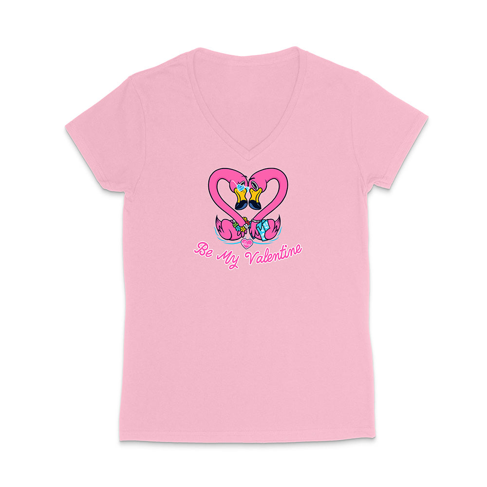 Pink t-shirt with a heart design and 'Be My Valentine' text on a white background