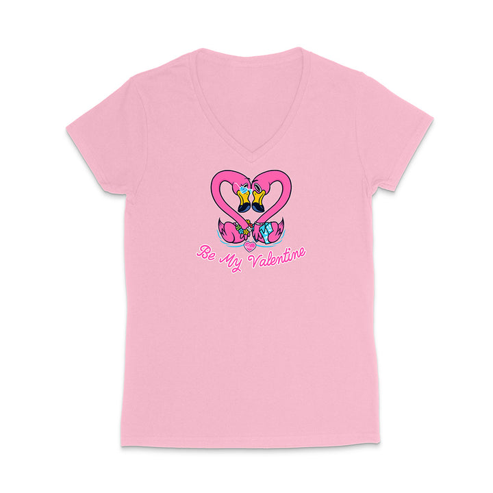 Pink t-shirt with a heart design and 'Be My Valentine' text on a white background