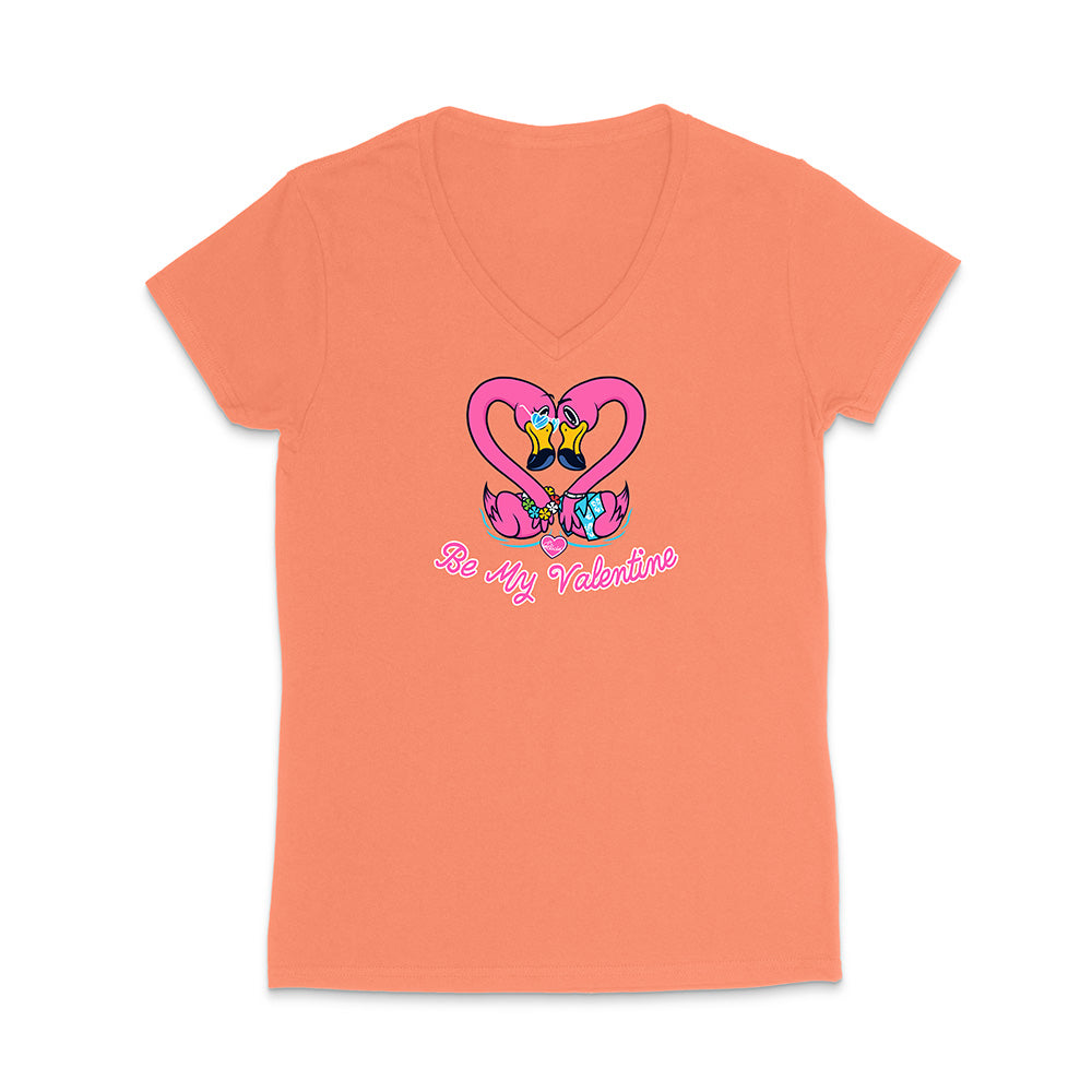 Coral t-shirt with a heart design and text on a white background