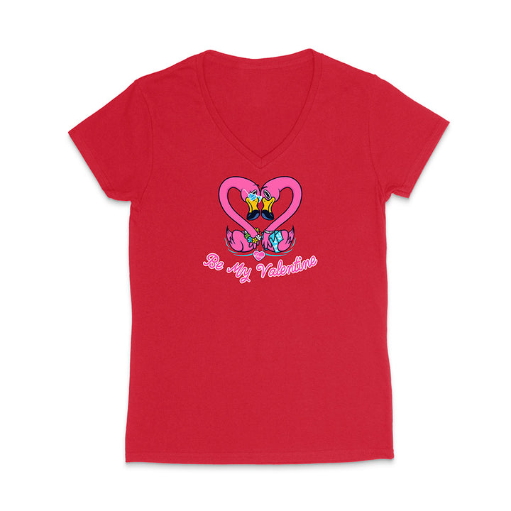Red V-neck t-shirt with a heart-shaped design and 'Be My Valentine' text on a white background