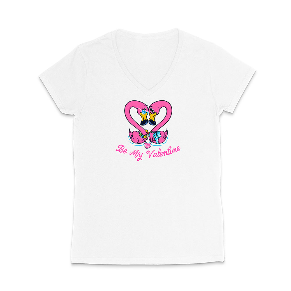 White t-shirt with a heart design and 'Be My Valentine' text on a white background