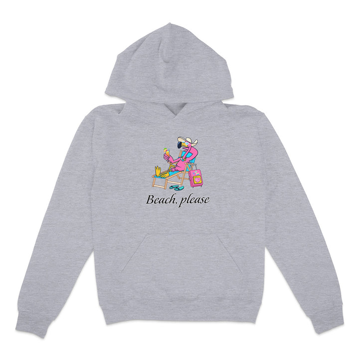 Gray hoodie with a colorful graphic and 'Beach, please' text on a white background