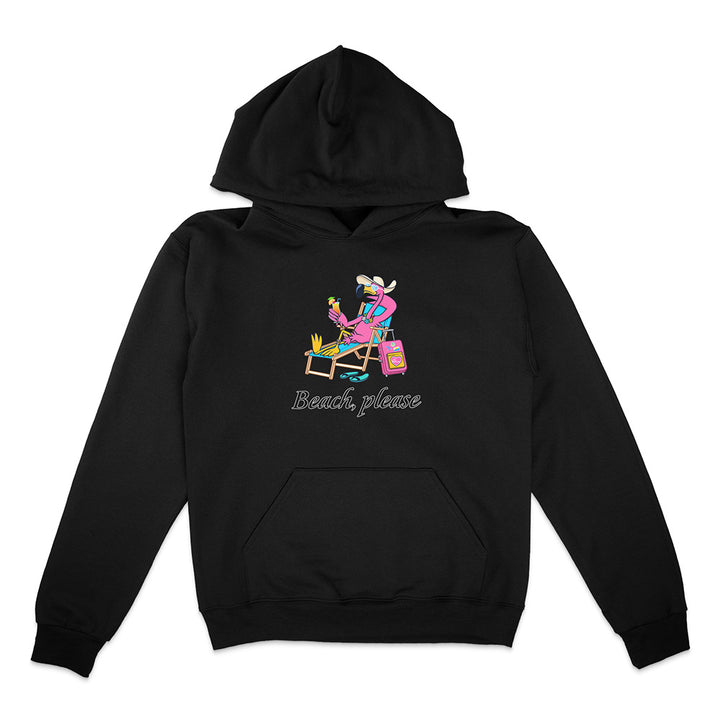 Black hoodie with a colorful graphic of a person at the beach and 'Beach, please' text on a white background.