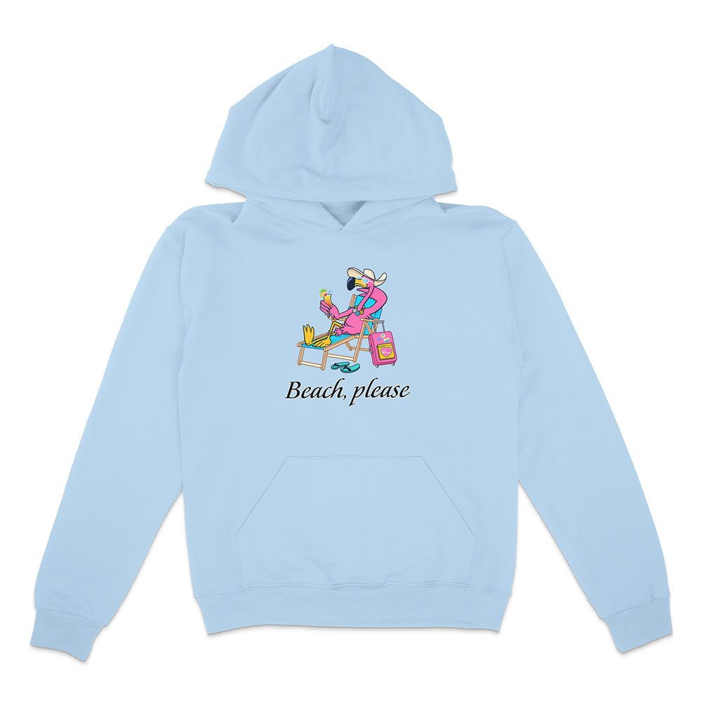 Light blue hoodie with a graphic of a person on a beach and 'Beach, please' text on a white background
