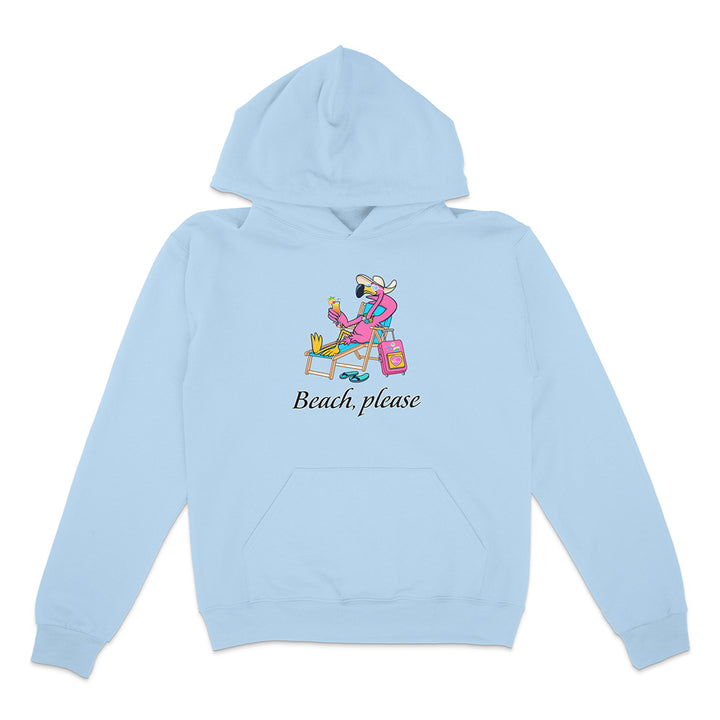Light blue hoodie with a graphic of a person on a beach and 'Beach, please' text on a white background