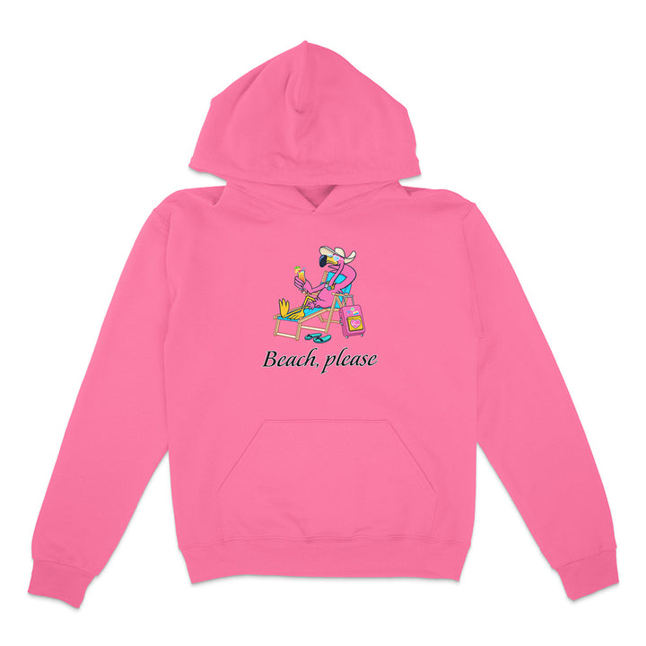 Pink hoodie with a graphic of a person at the beach and 'Beach, please' text on a white background