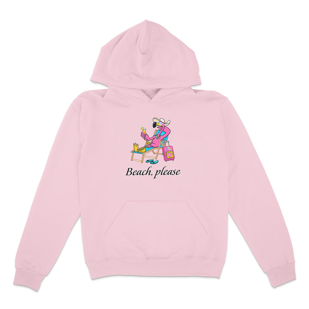 Pink hoodie with a graphic of a person at the beach and 'Beach, please' text on a white background