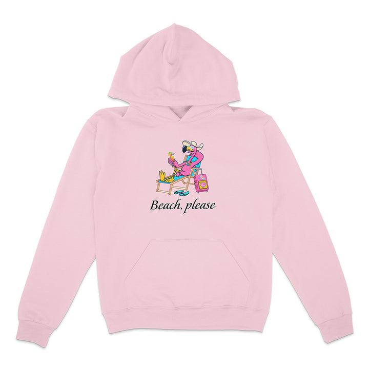 Pink hoodie with a graphic of a person at the beach and 'Beach, please' text on a white background