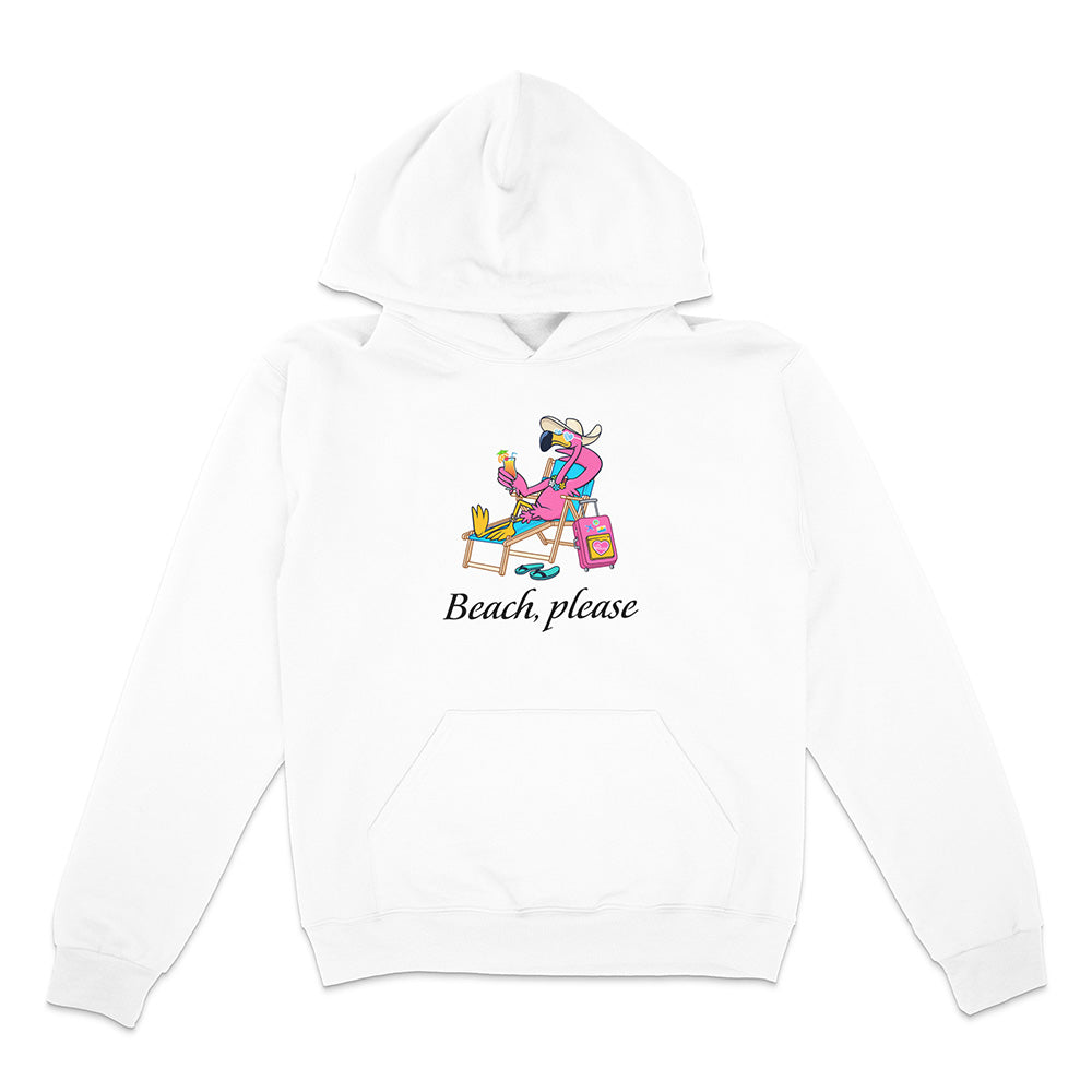 White hoodie with a graphic of a person at the beach and 'Beach, please' text on a white background