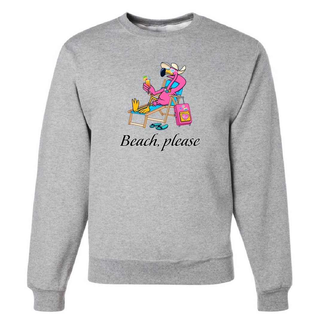Gray sweatshirt with a flamingo design and 'Beach, please' text on a white background