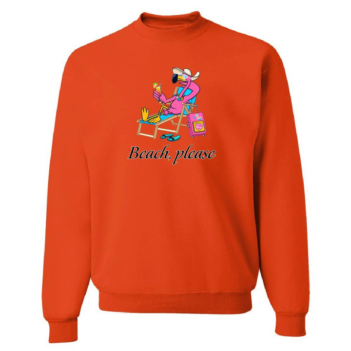 Orange sweatshirt with a cartoon character and 'Beach, please' text on a white background