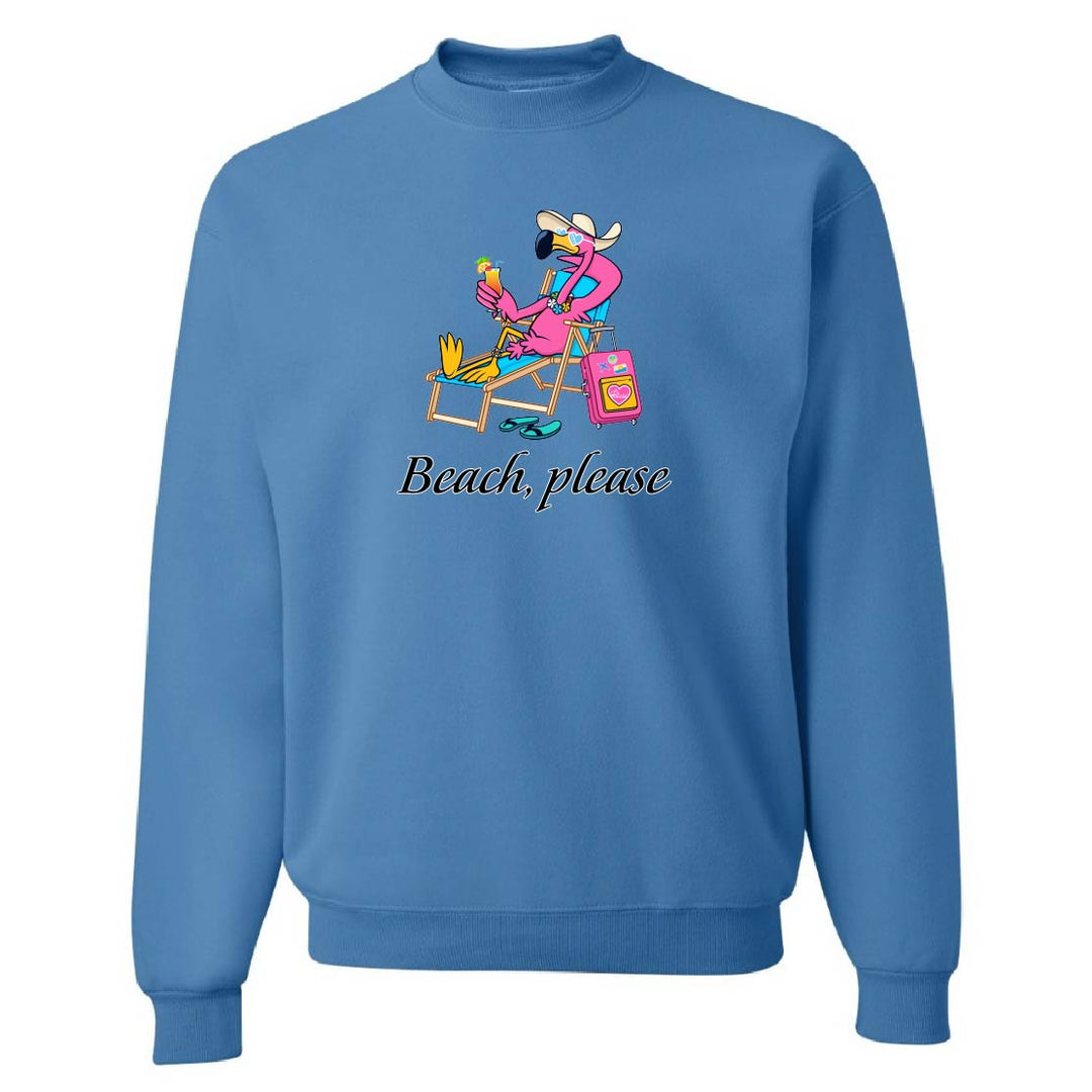 Blue sweatshirt with cartoon character and 'Beach, please' text on a white background