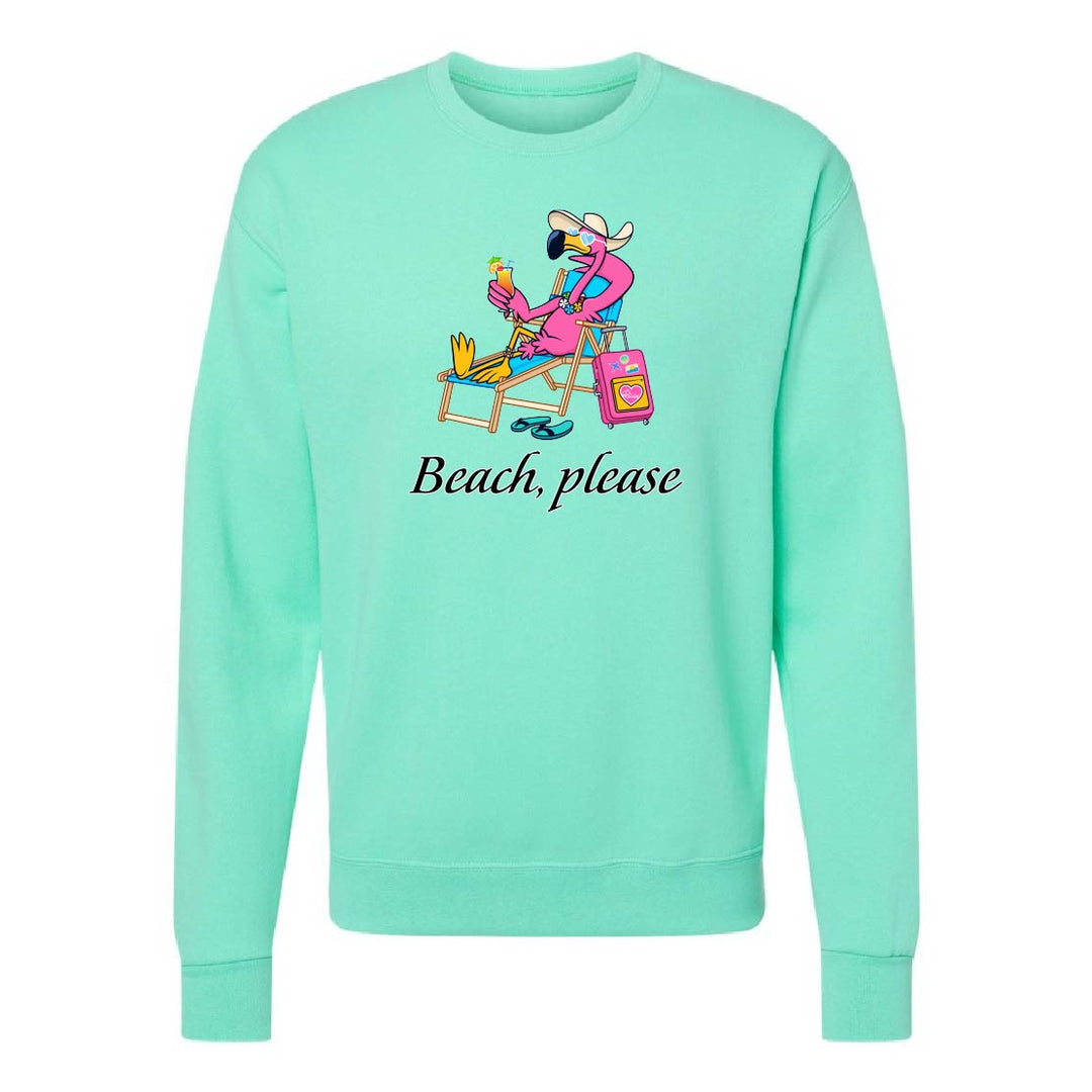 Mint green sweatshirt with a flamingo graphic and 'Beach, please' text on a white background