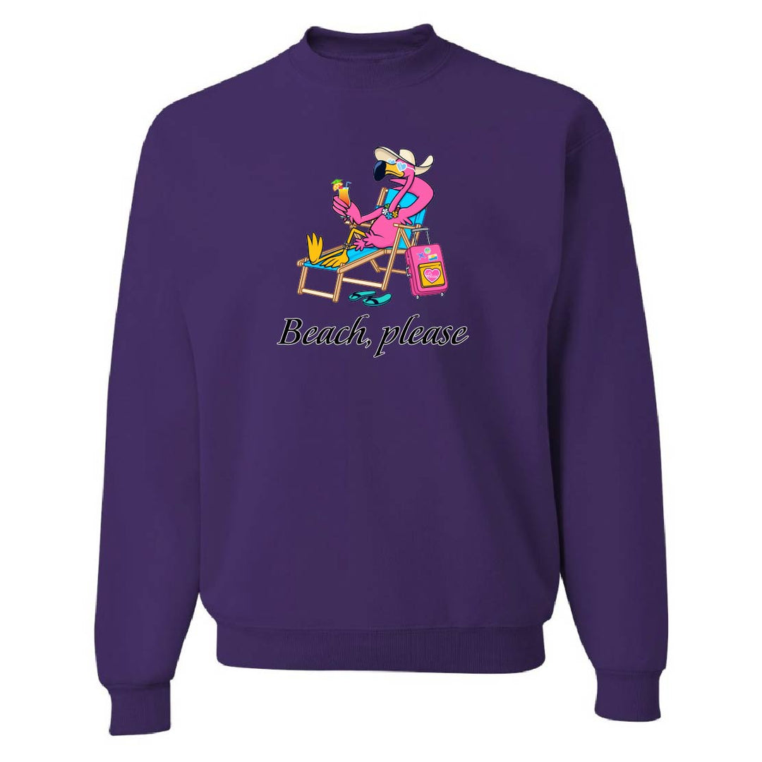 Purple sweatshirt with a cartoon character and 'Beach, please' text on a white background