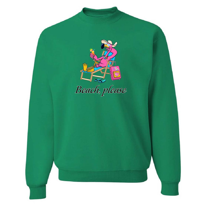 Green sweatshirt with a cartoon flamingo on a beach and 'Beach, please' text.