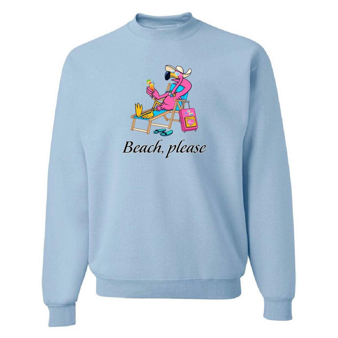 Light blue sweatshirt with a cartoon character and 'Beach, please' text on a white background