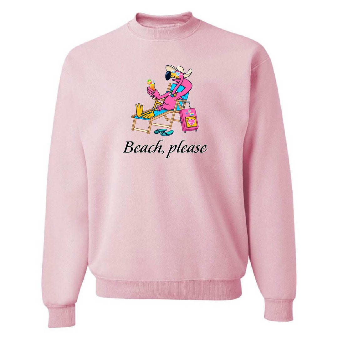 Pink sweatshirt with cartoon flamingo and 'Beach, please' text on a white background