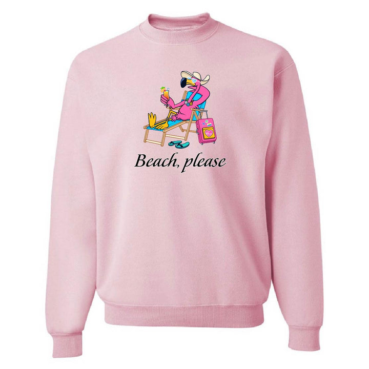 Pink sweatshirt with cartoon flamingo and 'Beach, please' text on a white background
