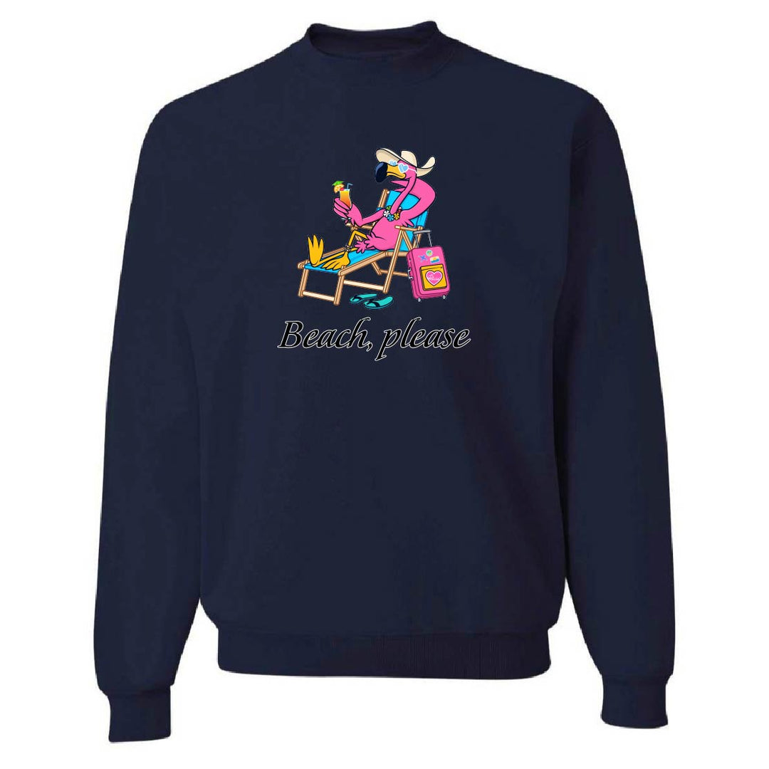 Navy blue sweatshirt with a colorful graphic of a flamingo on a beach and 'Beach, please' text.