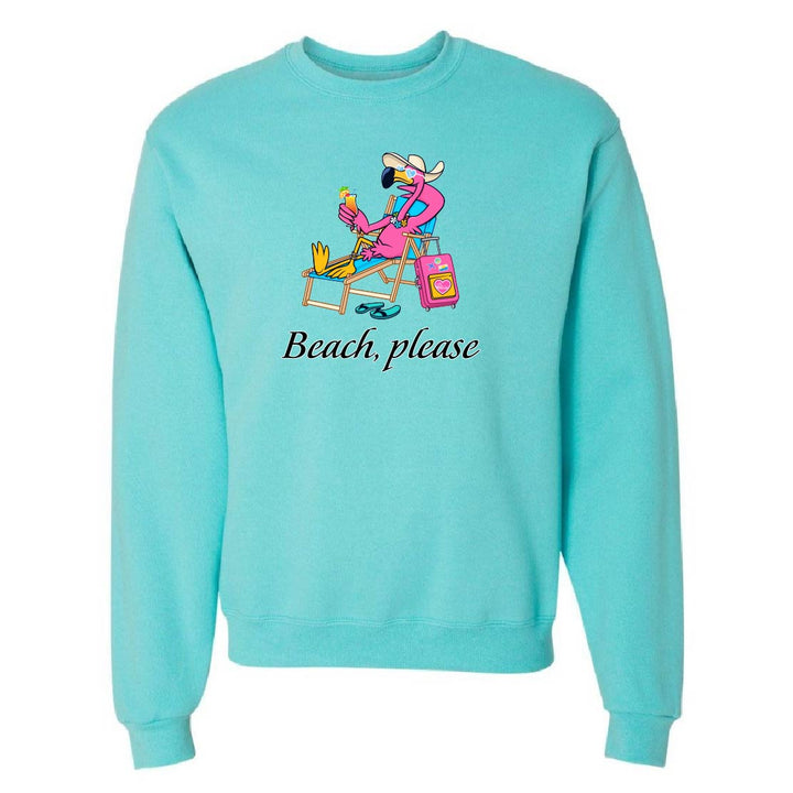 Turquoise sweatshirt with a cartoon character and 'Beach, please' text on a white background
