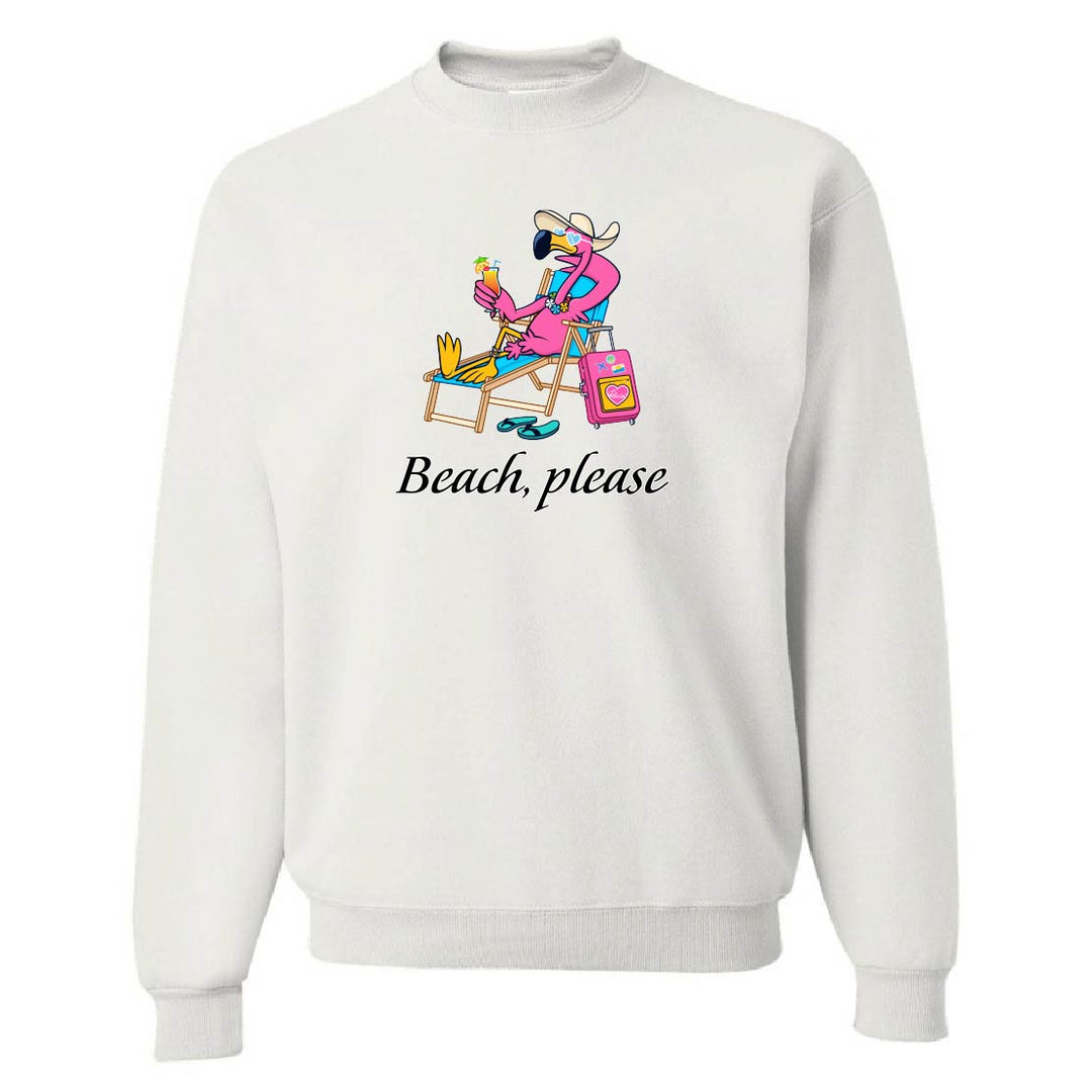 White sweatshirt with a cartoon character at the beach and 'Beach, please' text on a white background