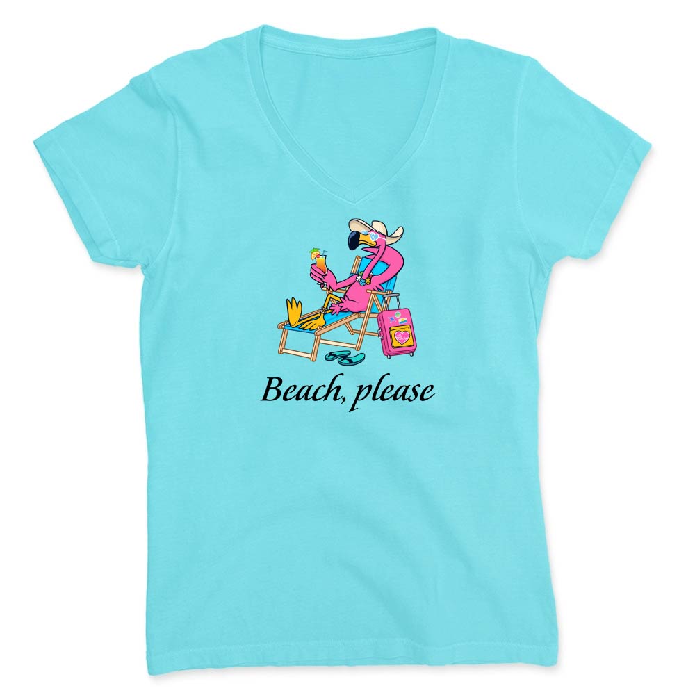 Blue t-shirt with a graphic of a flamingo at the beach and 'Beach, please' text.
