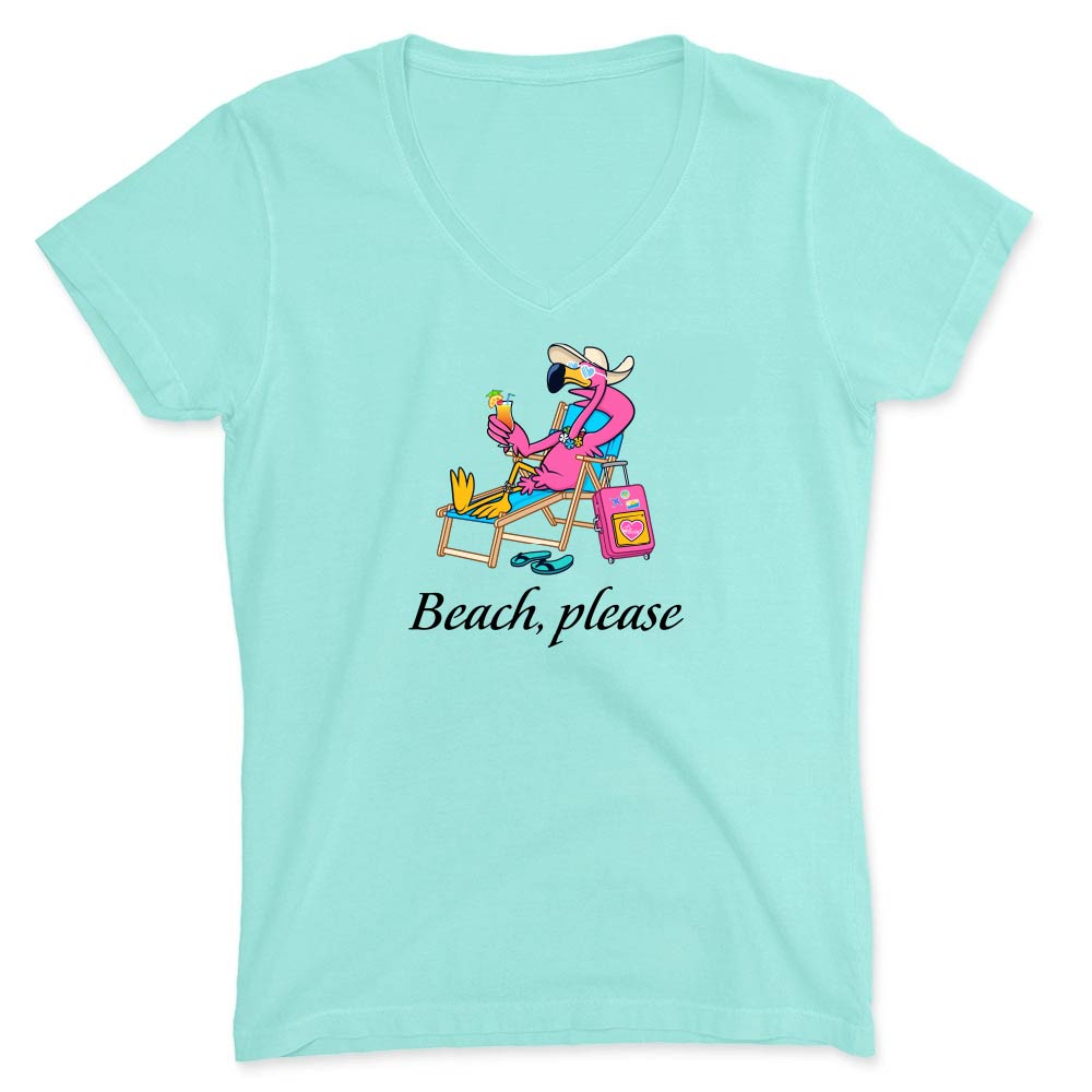 Chill t-shirt with a graphic of a flamingo at the beach and 'Beach, please' text.