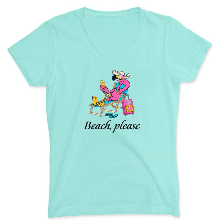 Chill t-shirt with a graphic of a flamingo at the beach and 'Beach, please' text.
