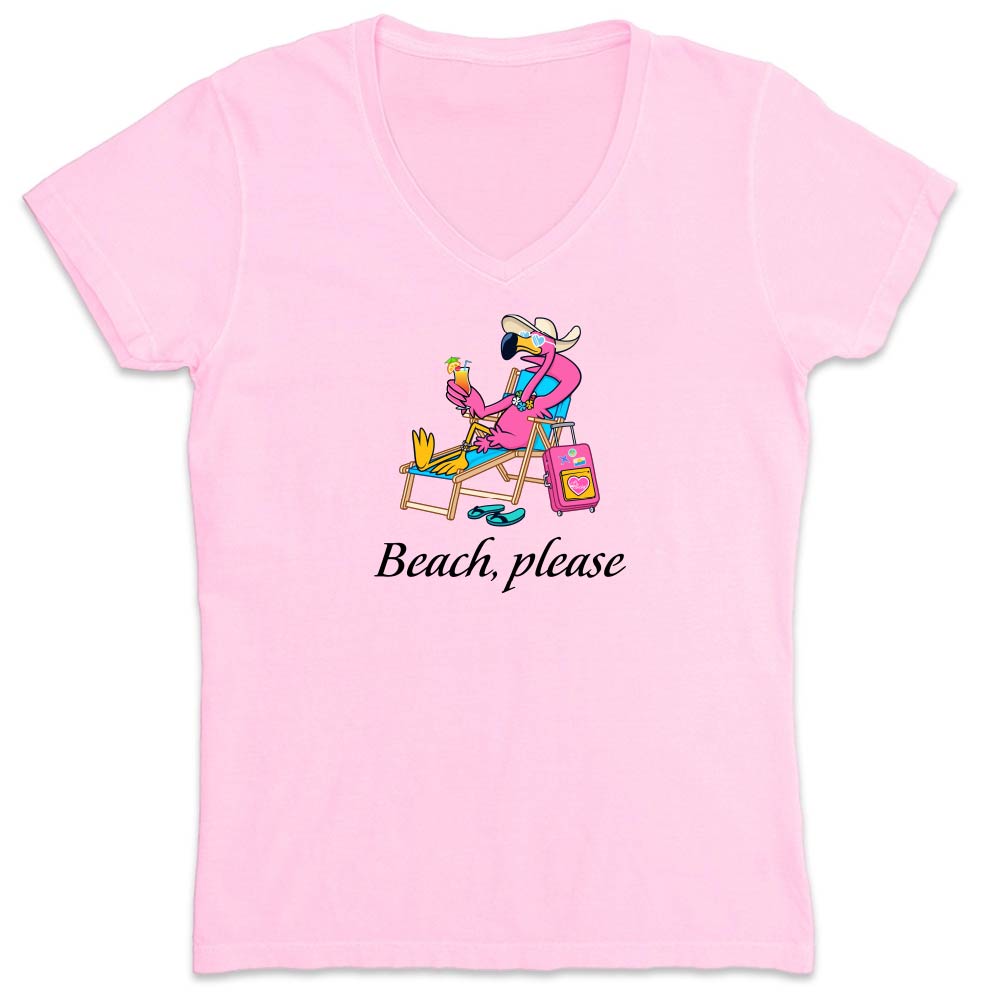 Pink t-shirt with a graphic of a flamingo at the beach and 'Beach, please' text.