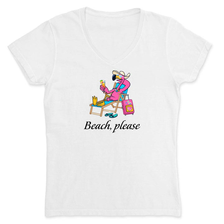 White t-shirt with a graphic of a flamingo at the beach and 'Beach, please' text.