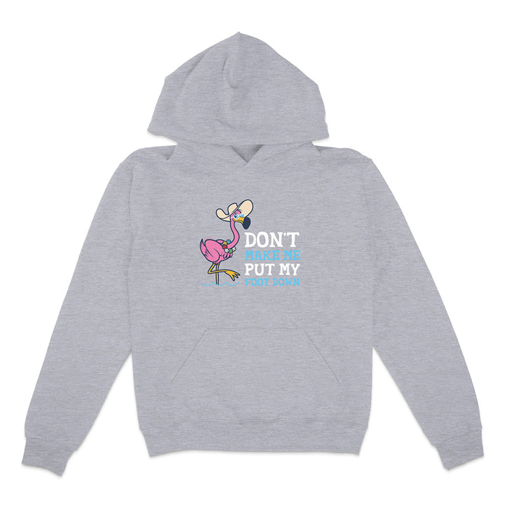 Gray hoodie with a cartoon flamingo design and text on a white background