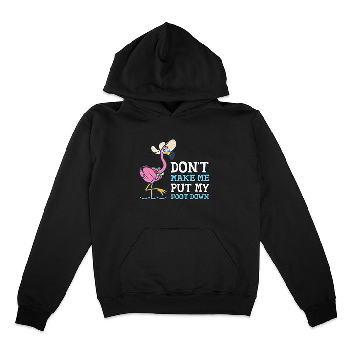 Black hoodie with a flamingo graphic and text on a white background
