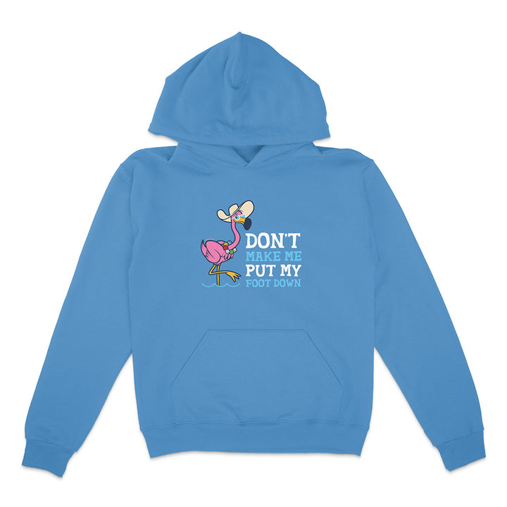 Blue hoodie with a flamingo graphic and text on a white background