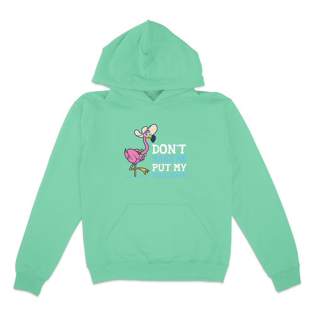 Mint green hoodie with a cartoon flamingo design and text on a white background