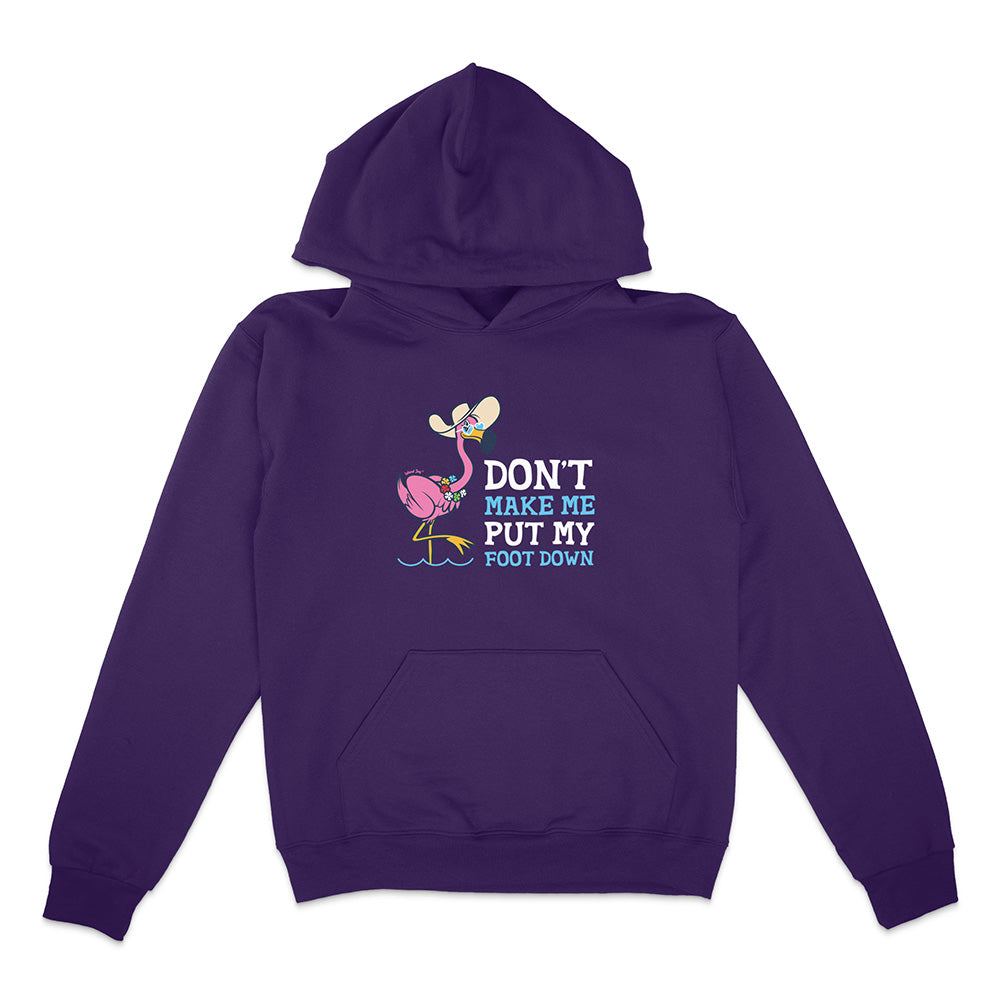 Purple hoodie with flamingo graphic and text on a white background