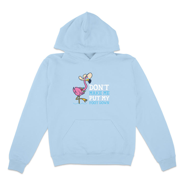 Light blue hoodie with a flamingo graphic and text on a white background