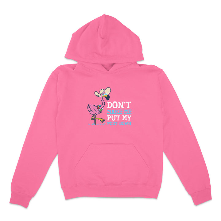 Pink hoodie with a flamingo graphic and text on a white background